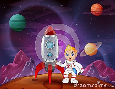 Cartoon astronaut boy holding a helmet and rocket spaceship on the moon Vector Illustration