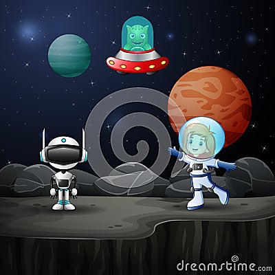 Astronaut girl and robot in the space Vector Illustration