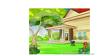 House With Yard And Trees Cartoon Stock Photo