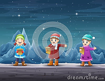 Happy kids singing in the iceberg landscape Vector Illustration