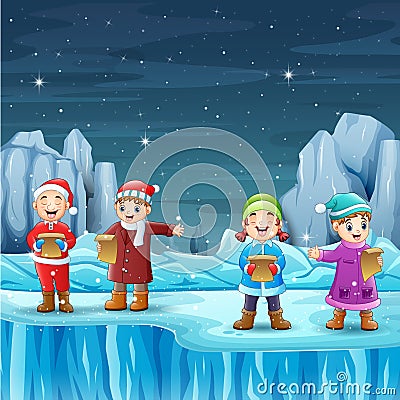 Happy kids singing in the iceberg landscape Vector Illustration