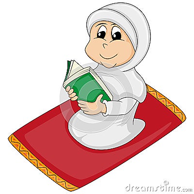 Muslim girl reading Al Quran -praying cartoon vector illustration Vector Illustration