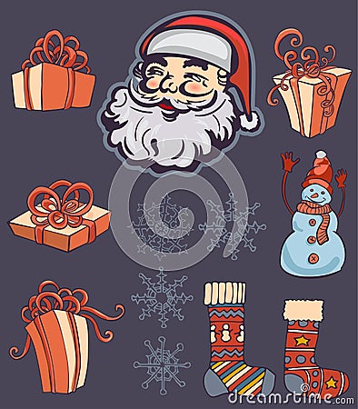 Merry Christmas greeting bundle with retro Santa Claus, socks and gift boxes. Vintage styled. Vector Illustration