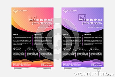 Template flyer black background with gradient yellow to red and purple elements for printing. Template brochure with space for pho Vector Illustration
