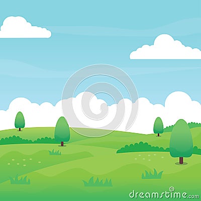 Nature landscape vector with green field, grass, trees, blue sky and clouds Vector Illustration