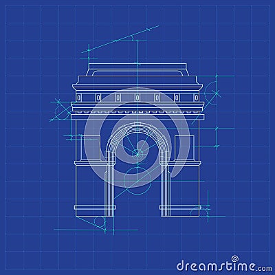 Blueprint, monument, architect drawing, ancient arch, sketch of the construction of antique arch structure Vector Illustration