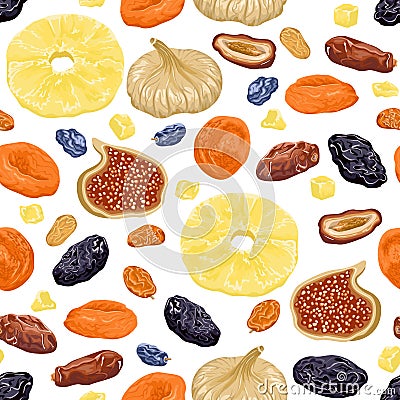 Dried fruits seamless pattern. Dried figs, apricots, pineapples, raisins, dates and prunes isolated on white background. Vector il Vector Illustration