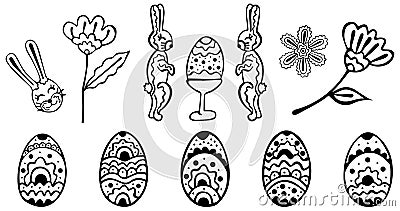 Black and white set of doodles for Easter. Isolated eggs, rabbits and abstract flowers for coloring. Hand drawing. Vector Illustration