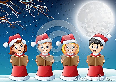 Kids in red santa costume singing christmas carols on winter night Vector Illustration