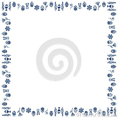 Doodles square frame for Easter. Isolated eggs, rabbits and abstract flowers in a classic blue color. Place for text. Vector Illustration