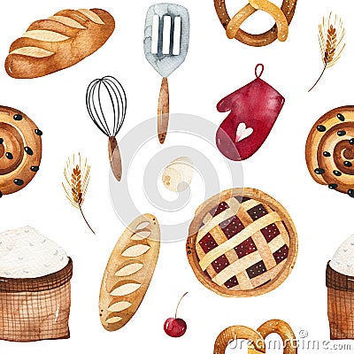 Bakery texture with bread,cake,pie,wheat,cooking tools,glove Stock Photo