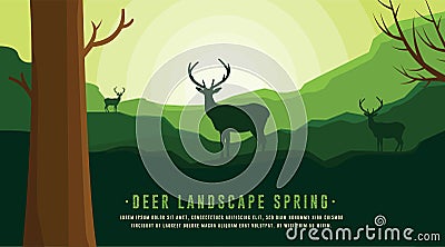 Deer Landscape Spring, Deer Silhouette, Deer Spring Vector Illustration