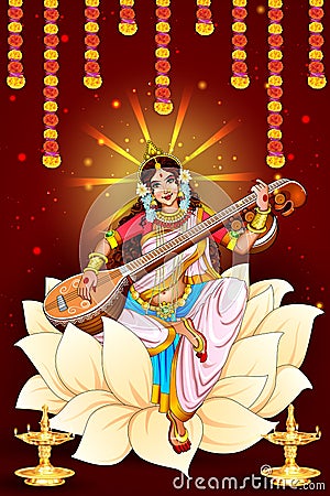 Illustration of Goddess of Wisdom Saraswati for Vasant Panchami India festival background Stock Photo