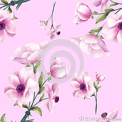 Seamless Pattern of Pink Flowers. Vertical Floral Background with Anemone Illustration. Tile of Cute Bouquet for Fabric, Prints Vector Illustration