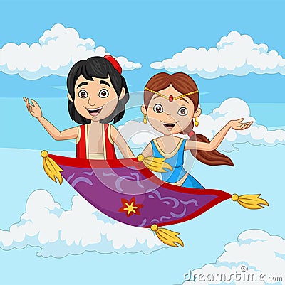 Cartoon aladdin and jasmine travelling on flying carpet Vector Illustration