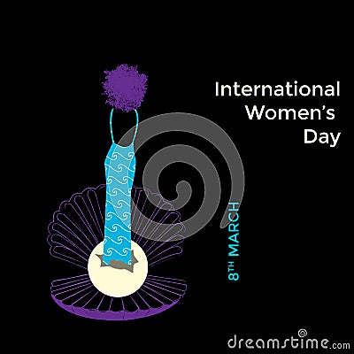 International women`s day vector illustration concept. Black woman on black background comes out of precious pearl on shell Vector Illustration