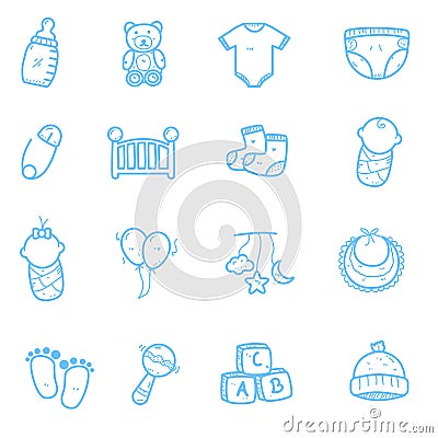 Set of baby equipment icons in cute line design Stock Photo