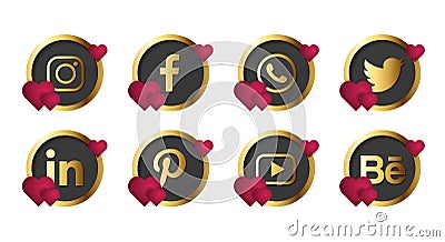 Special Social Media Icon for Valentines Day with Gold Circle Border, Heart Decoration, and 3D Look Style Vector Illustration