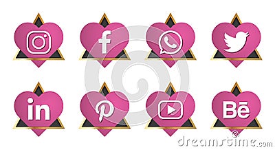 Special Social Media Icon for Valentines Day with with Gold Triangle Border Behind the Heard and 3D Look Style Vector Illustration