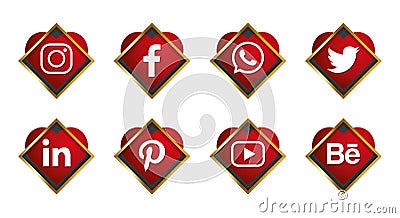 Special Social Media Icon for Valentines Day with Gold Diamond Border and 3D Look Style Vector Illustration