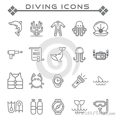 Set of Diving Related Vector Line Icons. Vector Illustration