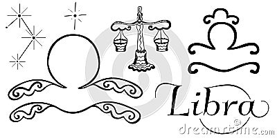 Hand drawn set of doodles for Libra zodiac sign. Isolated black and white clip-art for coloring book and horoscope design. Vintage Vector Illustration