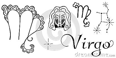 Hand-drawn set of astrological doodles for the zodiac sign Virgo. Isolated black and white objects for coloring book. Woman`s head Vector Illustration