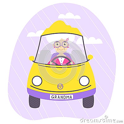 Cheerful smiling grandma driving yellow car Stock Photo