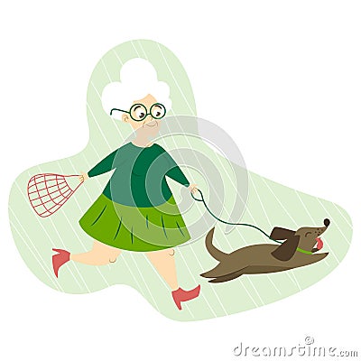 Cheerful smiling grandma walking with cute funny dog Stock Photo