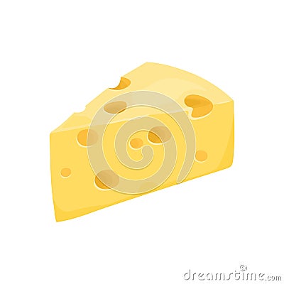 Cheese isolated on white background. Triangular piece of fresh yellow cheese in cartoon flat style. Vector Illustration