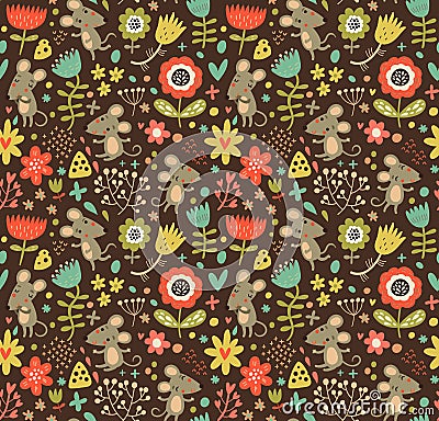 Seamless pattern with mice and flowers. Vector Illustration