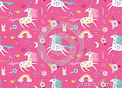 Seamless pattern with cute fairy unicorns Vector Illustration