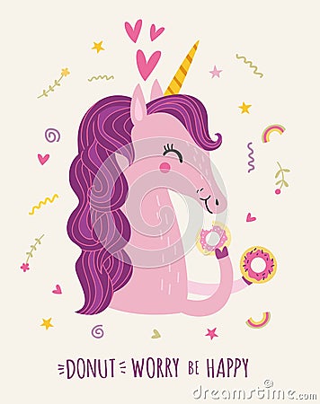 Cute unicorn eats donuts. vector poster Vector Illustration