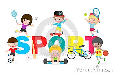 Collection kids and sport, child playing various sports, Cartoon children sports isolated on white background Vector Illustration. Vector Illustration