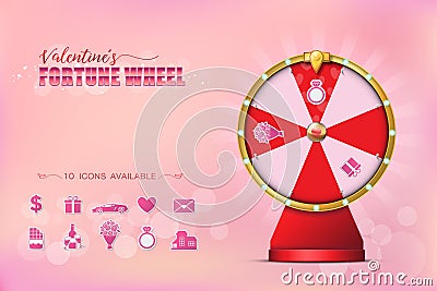 Valentine Spinning Fortune Wheel in realistic style with 10 Icons for Selection on Bokeh Background Vector Illustration