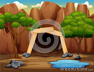 Scene with mine entrance on the rocky mountain Vector Illustration