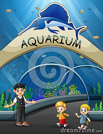 Cartoon children walk to underwater museum Vector Illustration