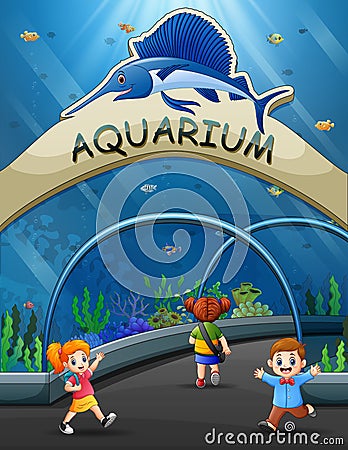 Cartoon children walk to underwater museum Vector Illustration