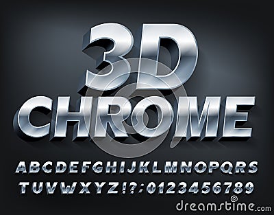 3D Chrome alphabet font. Metallic letters and numbers with shadow. Vector Illustration