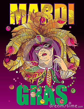 Vector placard with woman face in outline mask, golden peacock feathers, ornate collar and Mardi Gras beads on violet background. Vector Illustration