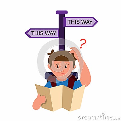 Man looking map confusing choose way with road sign, cartoon illustration for traveller and backpacker editable vector Vector Illustration