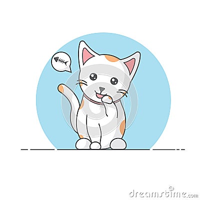 The white cat lick the leg when figuring out of the fish. Vector Illustration