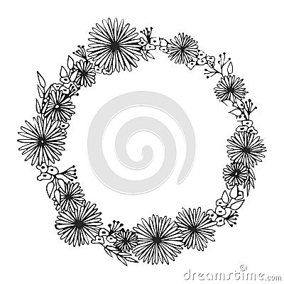 Floral frame. Spring blossom. Vector linear hand drawn illustration. Flowers in circle Vector Illustration