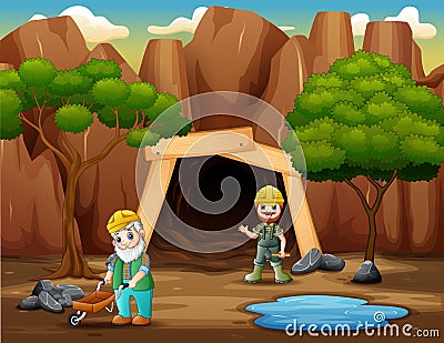 The miners working in front of the coal mine Vector Illustration
