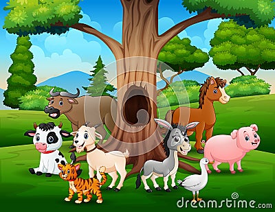 Group of farmanimals under the hollow tree landscape Vector Illustration