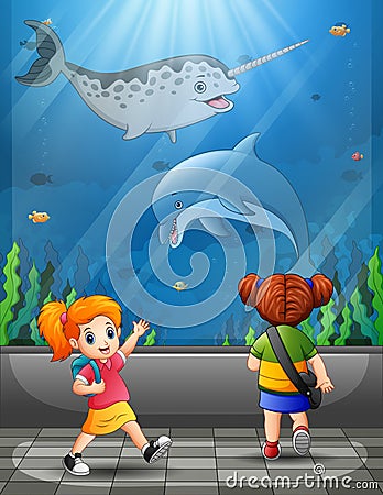 Happy kids looking at ocean fishes aquarium Vector Illustration