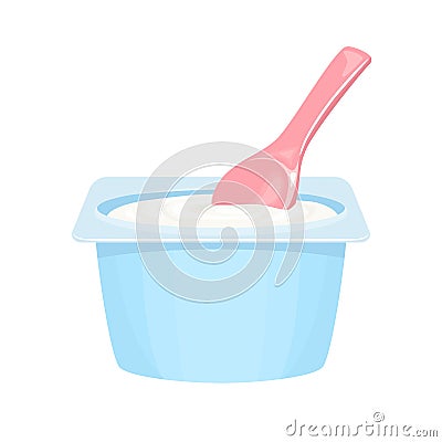 White yogurt in blue plastic container and pink spoon. Healthy dairy product Isolated on white background. Vector Illustration