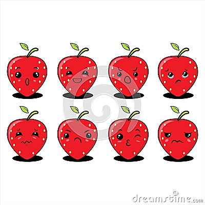 Llustration graphic vector of cute strawberry, set of cartoon tropical fruit characters in kawaii style, isolated on white backgro Vector Illustration