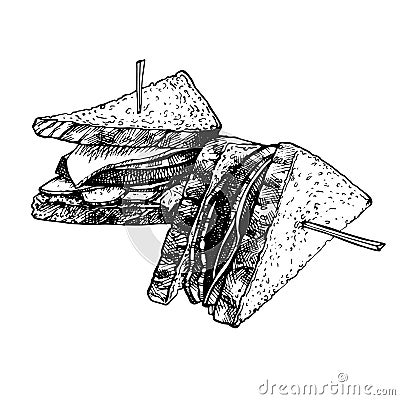 Hand drawn food sketch of sandwich, toasted clubsandwiches. Vector Illustration