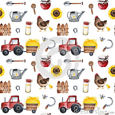 Farmer texture with food,sunflowers,chicken,fence,tractor,bee, shovel Stock Photo